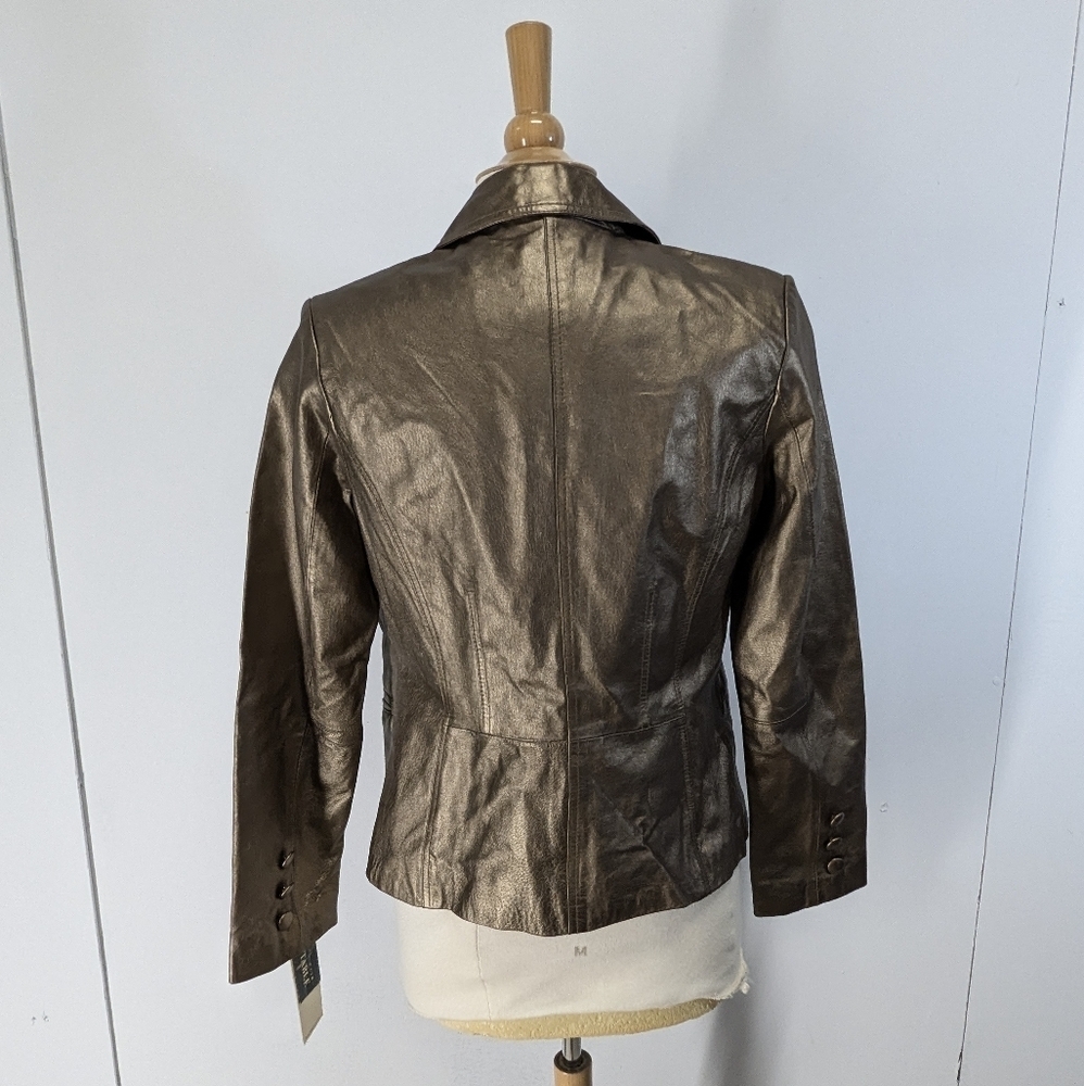 Gold Leather Button-Front Blazer Jacket - Picture 9 of 13